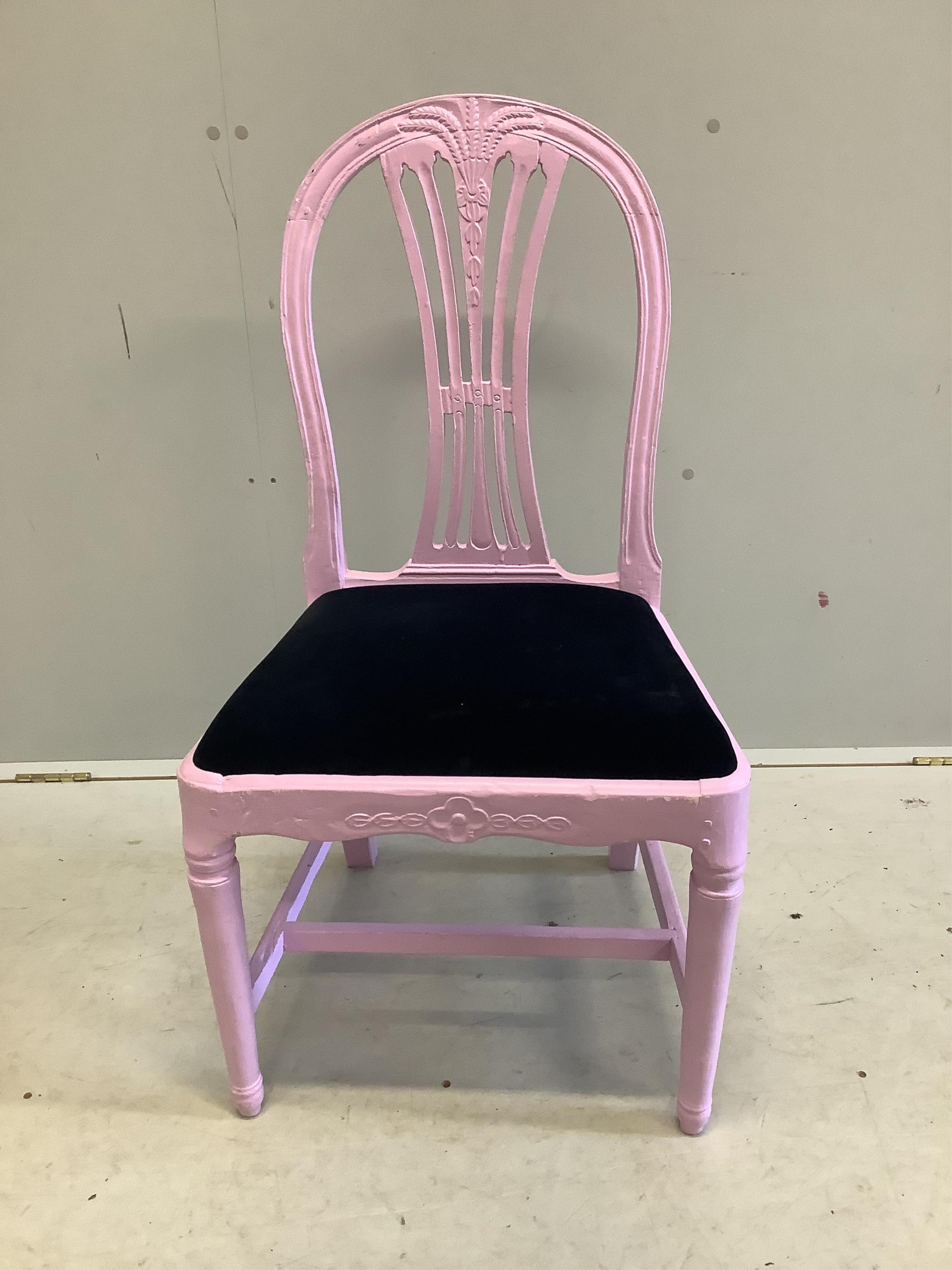 A set of four Hepplewhite style dining chairs, later painted pink, width 50cm, height 94cm. Condition - good